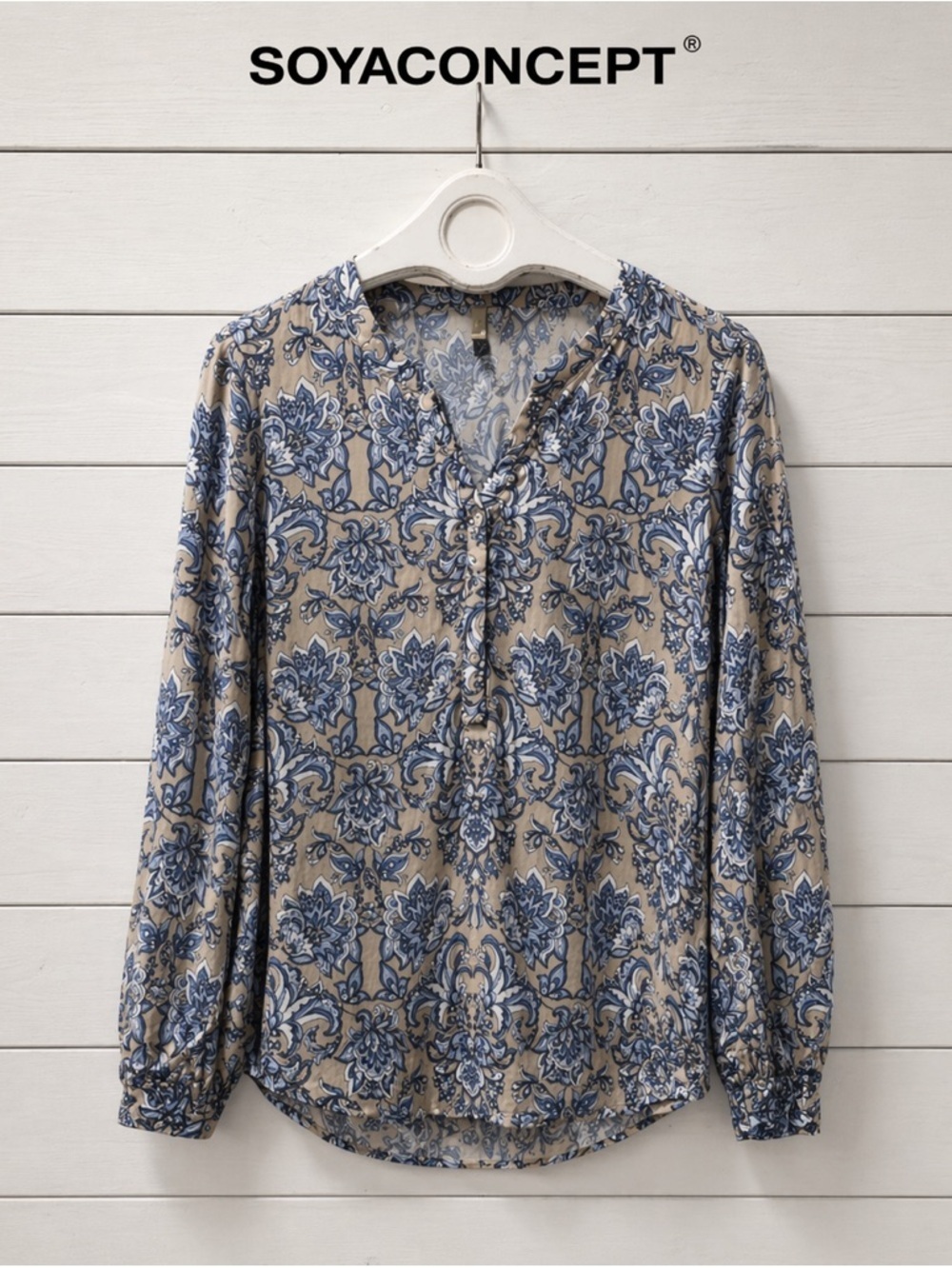 SoyaConcept Long Sleeve Floral Blouse – Size M – Blue & Beige Pattern